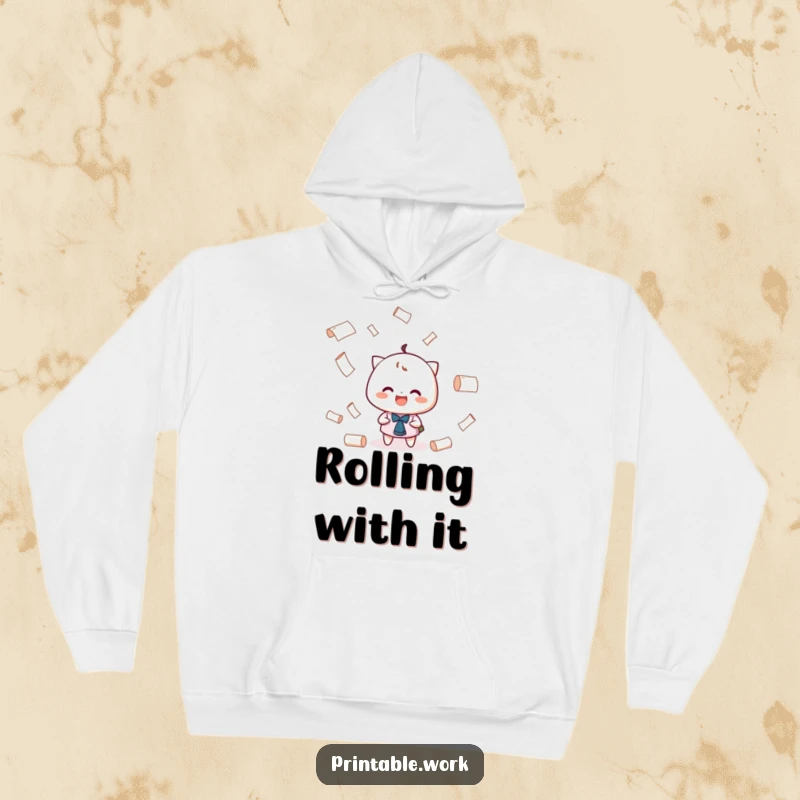 Funny Juggling Hoodie: A character with a grin playfully juggling tiny rolls of paper, offering cozy charm.