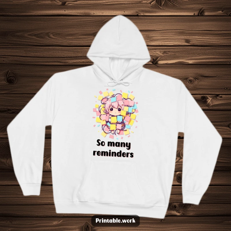 Funny hoodie showing a character comically entangled in a vast amount of sticky notes, ideal for cozy humor.