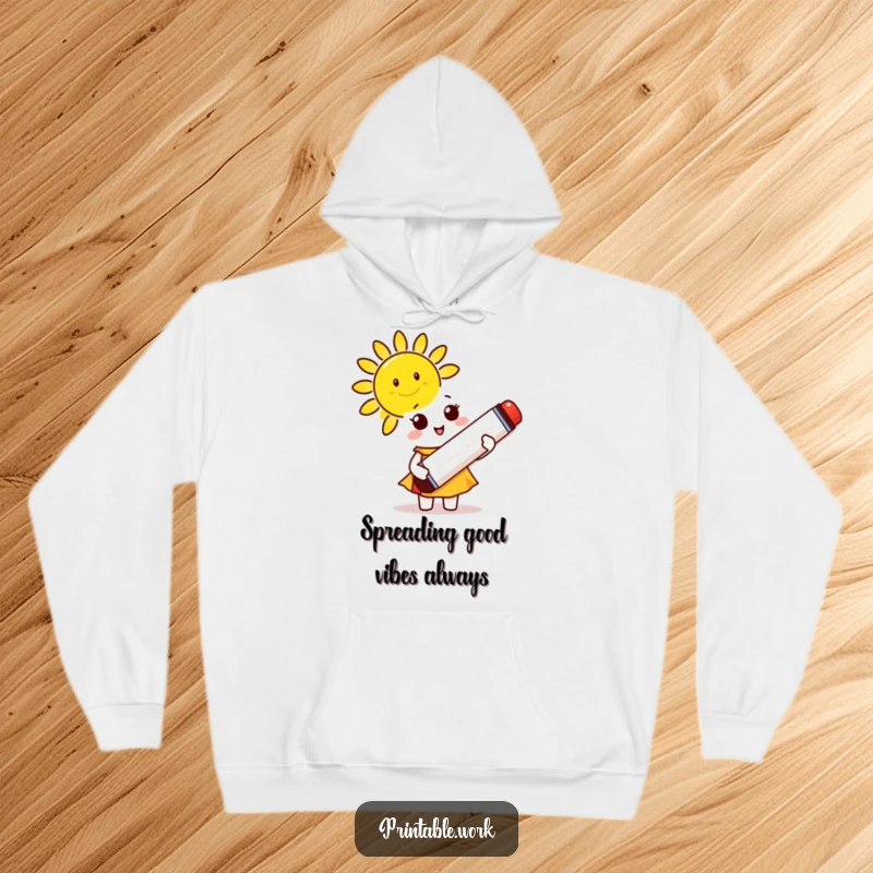 Funny Hoodie: A cute character holds a giant marker, creating a smiling sun to brighten the day.