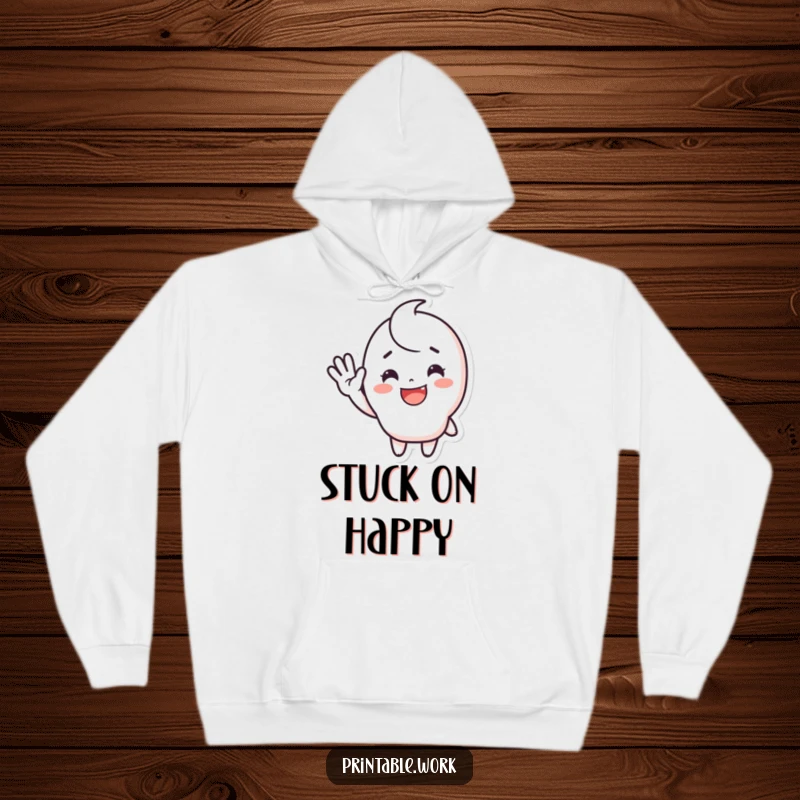 Funny waving sticker hoodie showcasing a cute, happy character with a smiling face, enthusiastically waving, for ultimate cozy comfort and cheer.