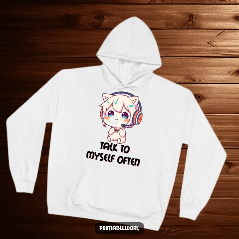 Funny hoodie showing a character wearing a headset, looking confused at its reflection, perfect for cozy humor.