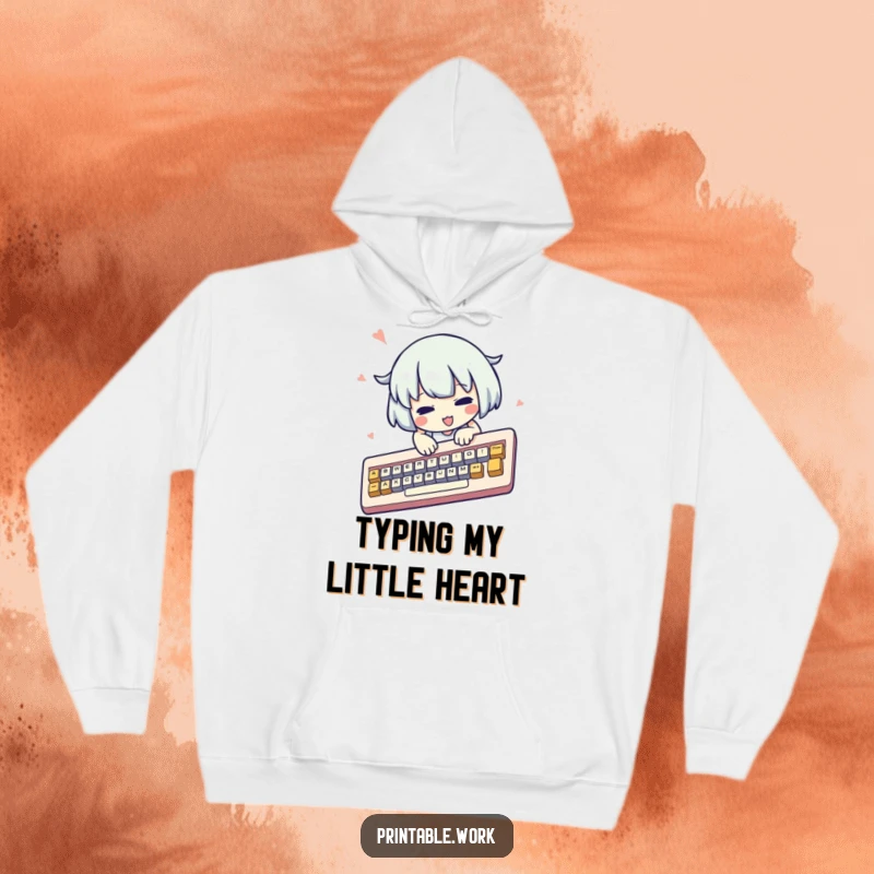 Funny kawaii character hoodie, frantically typing on a comically oversized keyboard, cozy, cute, tech-themed, perfect gift.