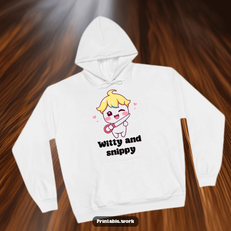 Funny Kawaii character winking playfully while holding scissors, featured on a cozy hoodie for those with sharp humor.