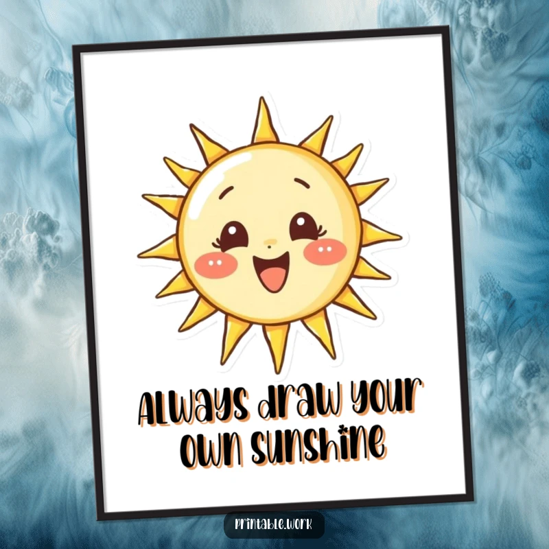 Funny Free Printable Wall Art: Character determinedly draws a perfect, beaming, smiling sun on a canvas.