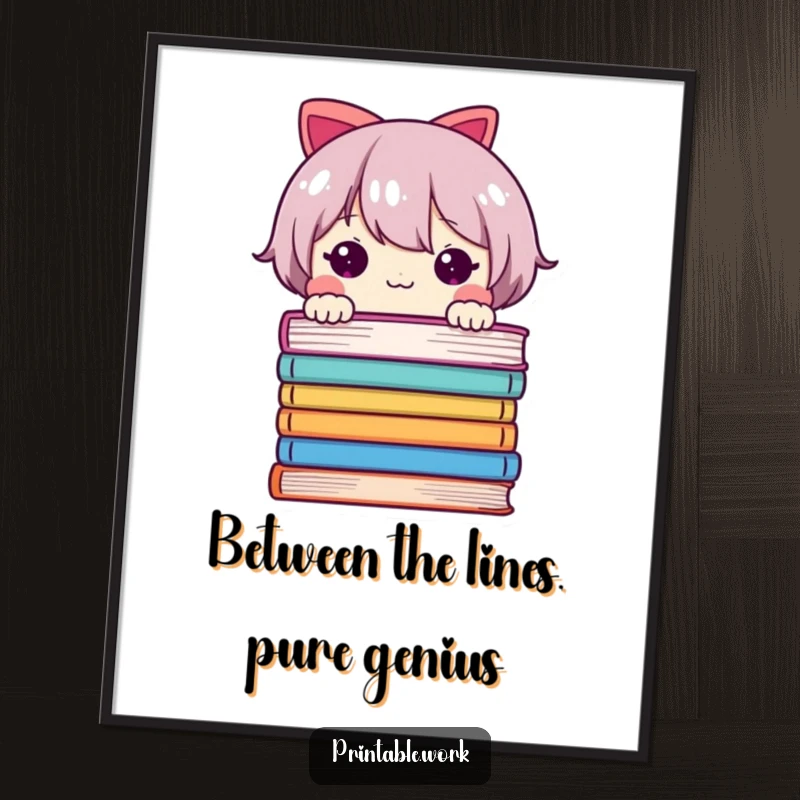 Funny Free Printable Wall Art of a cute character peeking adorably from behind a stack of colorful, whimsical pages.