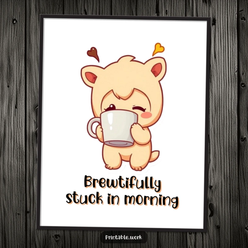 Funny Free Printable Wall Art: Coffee Mug Head Character posing playfully, a hilarious and quirky downloadable decor piece.