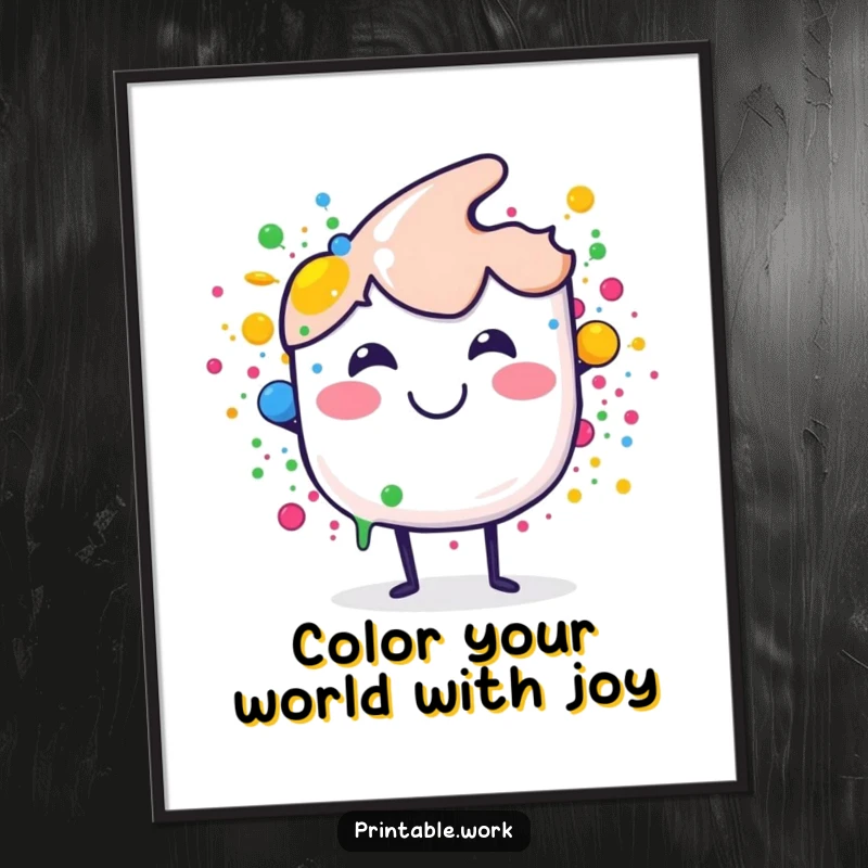 Funny Free Printable Wall Art: Smiling paint brush character creating a vivid splash of colorful dots, adding joy to any wall.