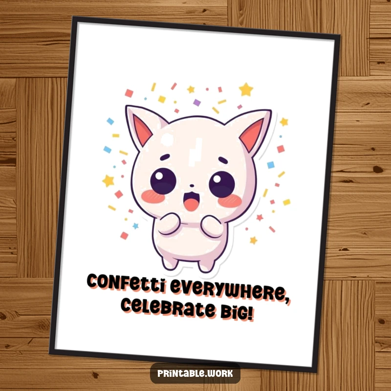 Funny Free Printable Wall Art: A shocked Kawaii character pops with confetti, creating a humorous and energetic downloadable art piece.