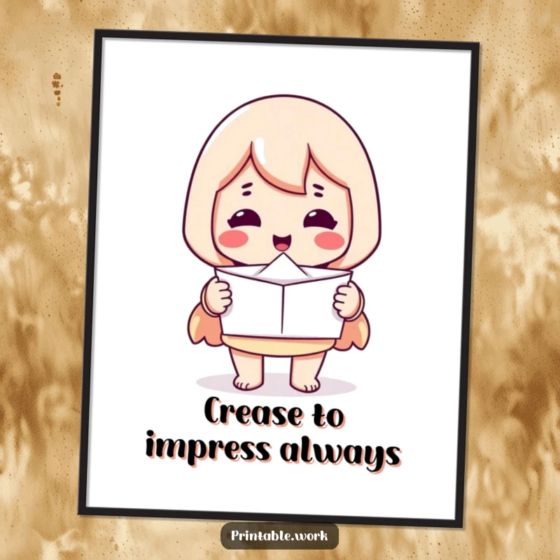 Funny free printable wall art of a printer character presenting a single, perfectly folded piece of paper, celebrating neatness and order.