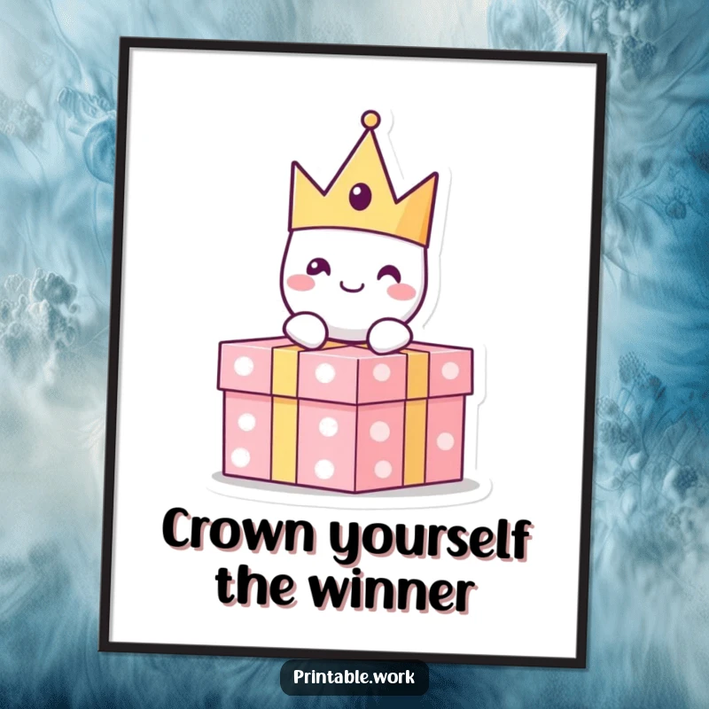Funny Free Printable Wall Art: A paper crown character with a wide grin sits atop a decorated present.