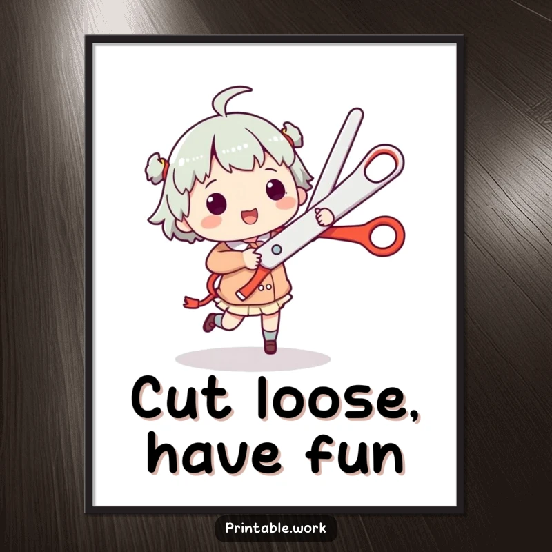 Funny free printable wall art of a character doing a lively jig while holding a comically large pair of scissors.