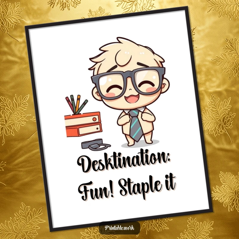 Funny Free Printable Wall Art: Character stapling tie to desk with big glasses, humorous office decor