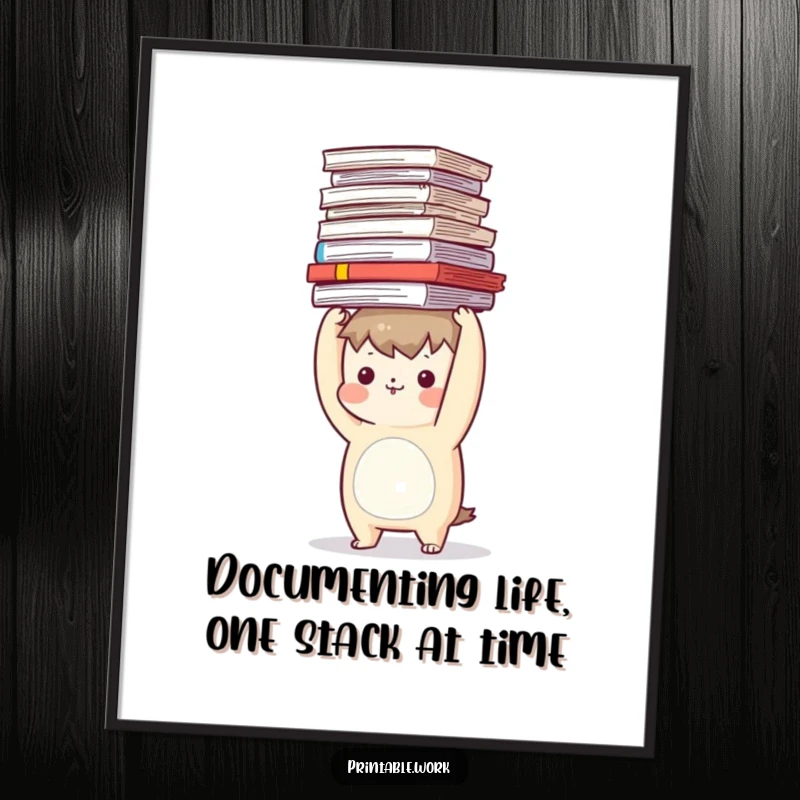 Funny free printable wall art of a character comically balancing a huge stack of office documents on their head, looking stressed.