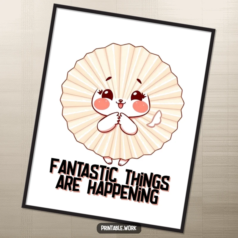 Funny free printable wall art showing a rosy-cheeked paper fan character fluttering playfully, adding a whimsical touch.