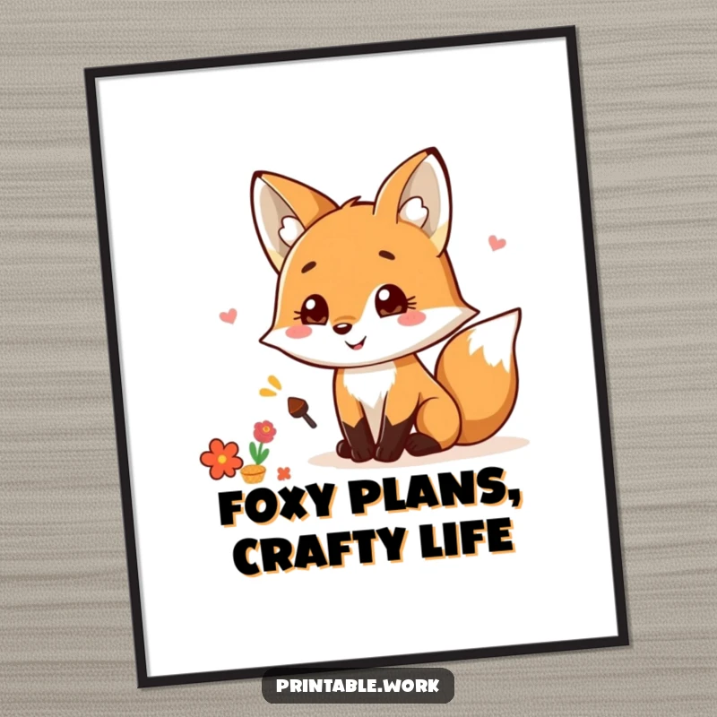 Funny Free Printable Wall Art: Kawaii Fox smiling while scrapbooking, vibrant colors, creative hobby theme.