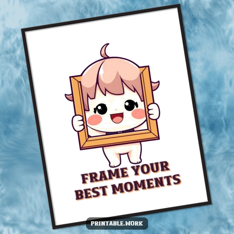 Funny free printable wall art of a character beaming with joy while holding up a framed picture, radiating positivity.