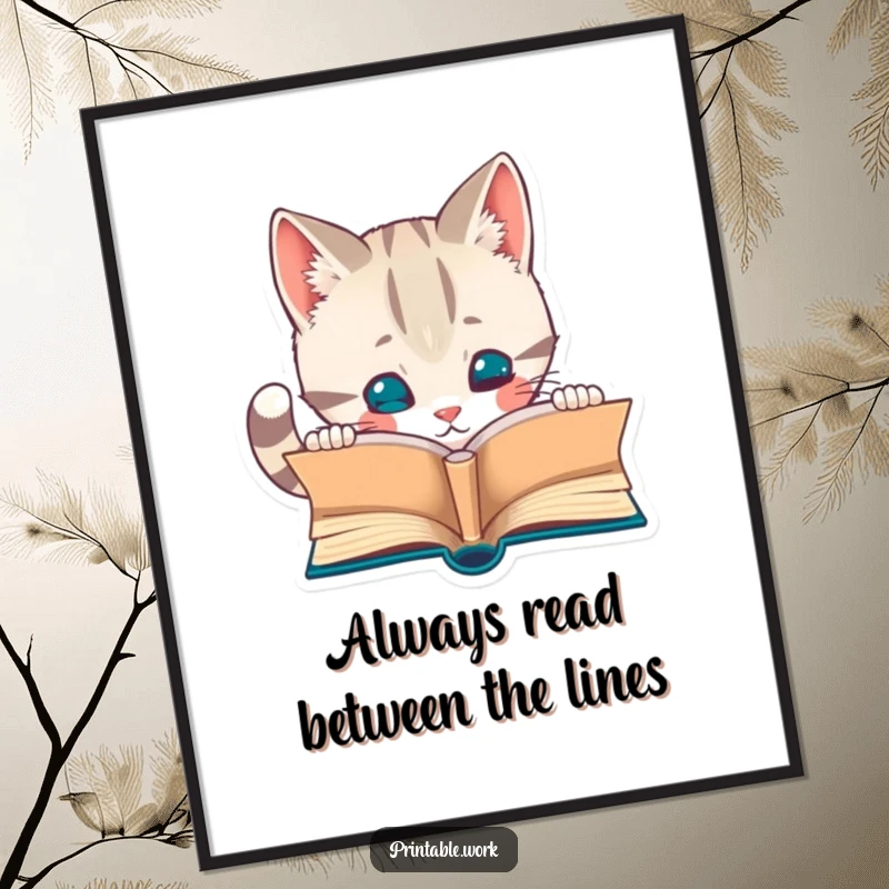 Funny Free Printable Wall Art: Curious cat with glasses peering intently at a miniature open book on a shelf.