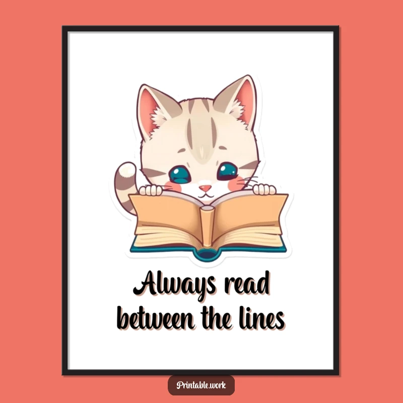 Free Printable Cat Art: Curious Reading Kitty Humorous Downloadable Wall Decor