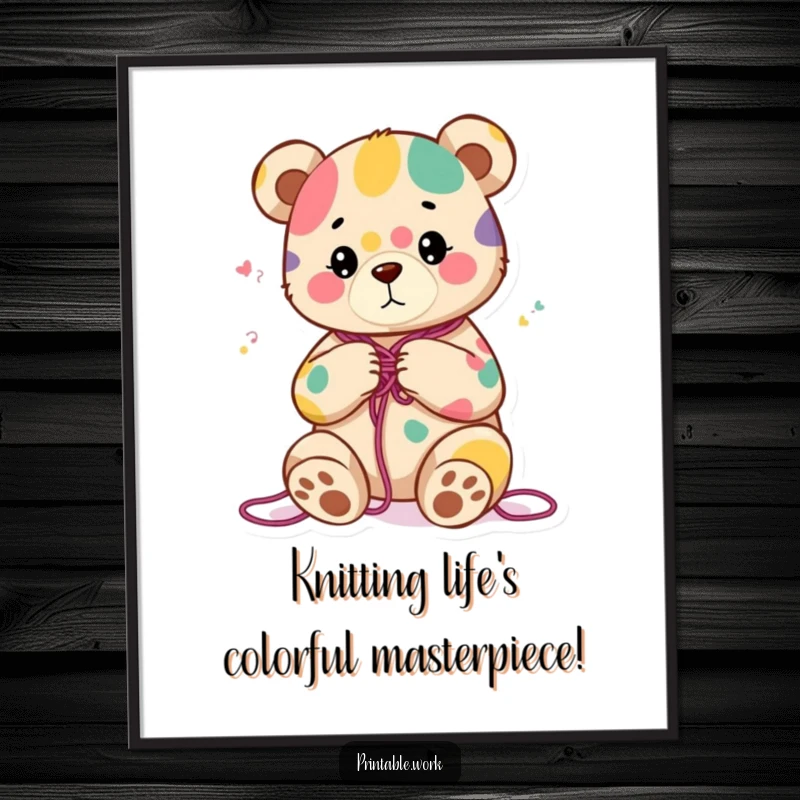 Funny Free Printable Wall Art featuring a happy bear character engrossed in knitting a colorful, abstract pattern, radiating contentment.
