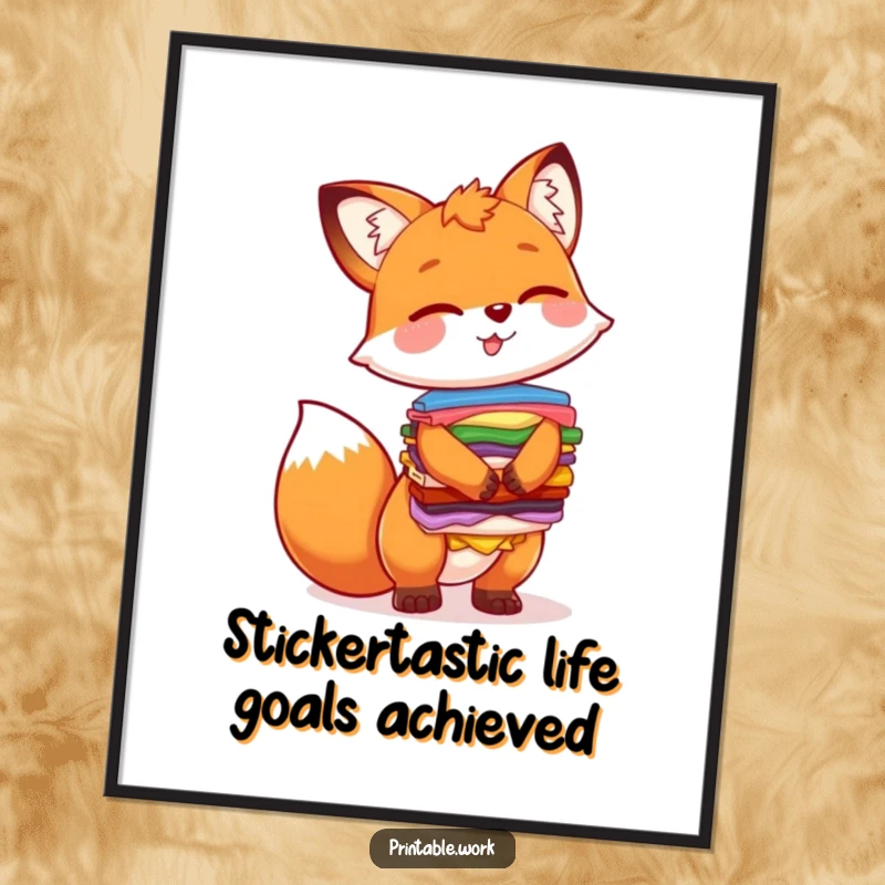Funny Free Printable Wall Art: A cheerful giggling fox balancing a teetering tower of vibrant stickers.