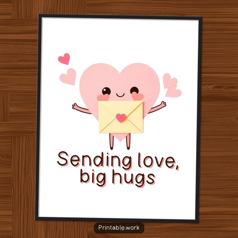 Funny Free Printable Wall Art: A paper heart character embracing a tiny envelope with open arms, offering downloadable love and cheer.