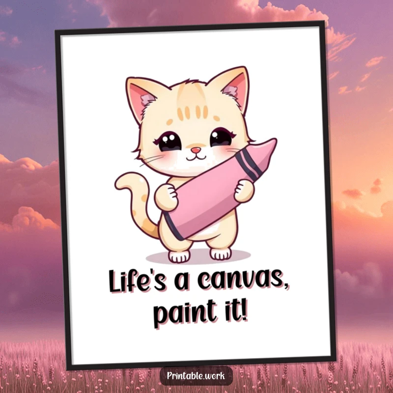 Funny Free Printable Wall Art: Adorable kawaii cat artist with a giant crayon, painting a vibrant, abstract masterpiece on a canvas.