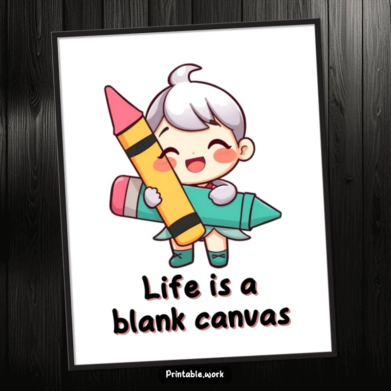 Funny Free Printable Wall Art: A happy character bursts with excitement, holding a large, vibrant crayon.