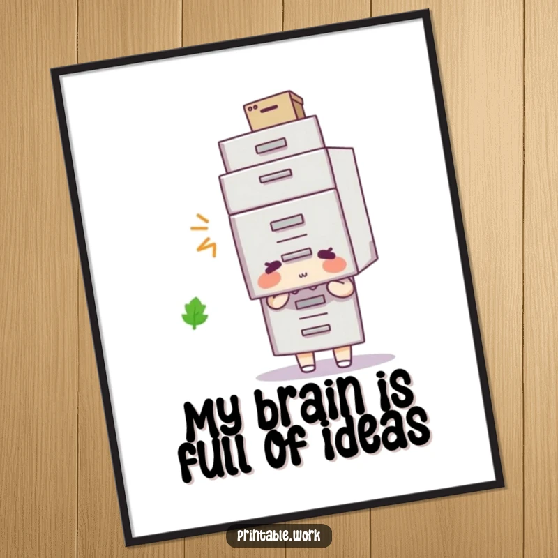 Funny Free Printable Wall Art: A character humorously dons a filing cabinet as a hat, a quirky and comical piece of decor.