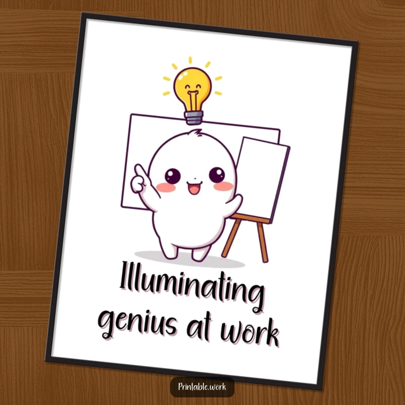 Funny Free Printable Wall Art of a Kawaii character with a bright lightbulb, excitedly pointing at a whiteboard, showcasing an idea.