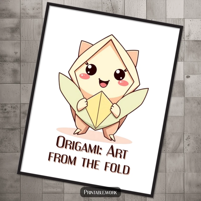 Funny Free Printable Wall Art: Character with a serene smile offering a beautifully folded origami shape, embodying peace and thoughtful craftsmanship.