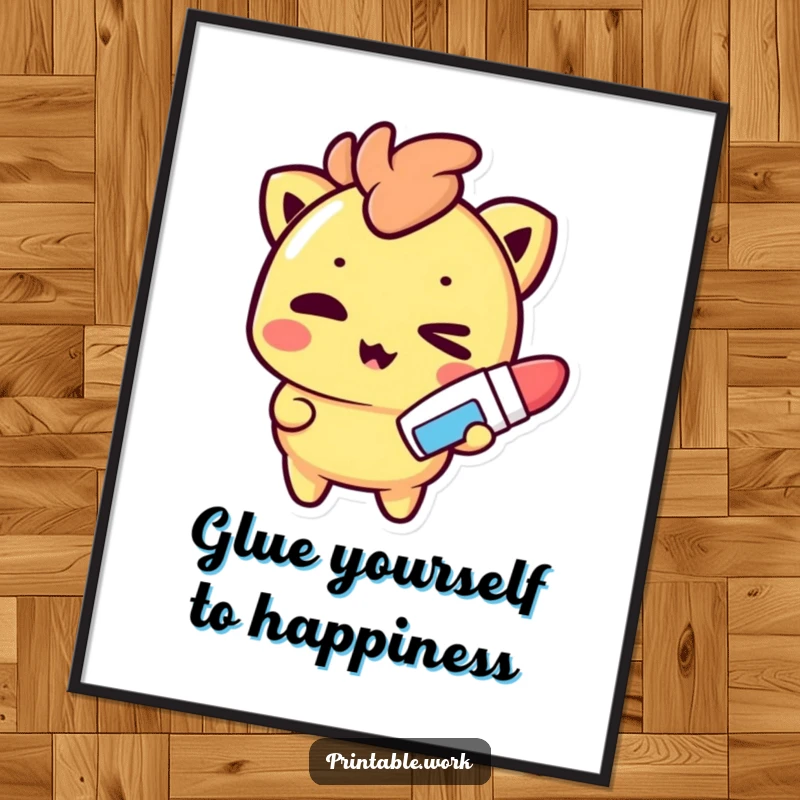 Funny Free Printable Wall Art: A mischievous Kawaii character winks knowingly while holding a glue stick, adding a playful vibe to the room.