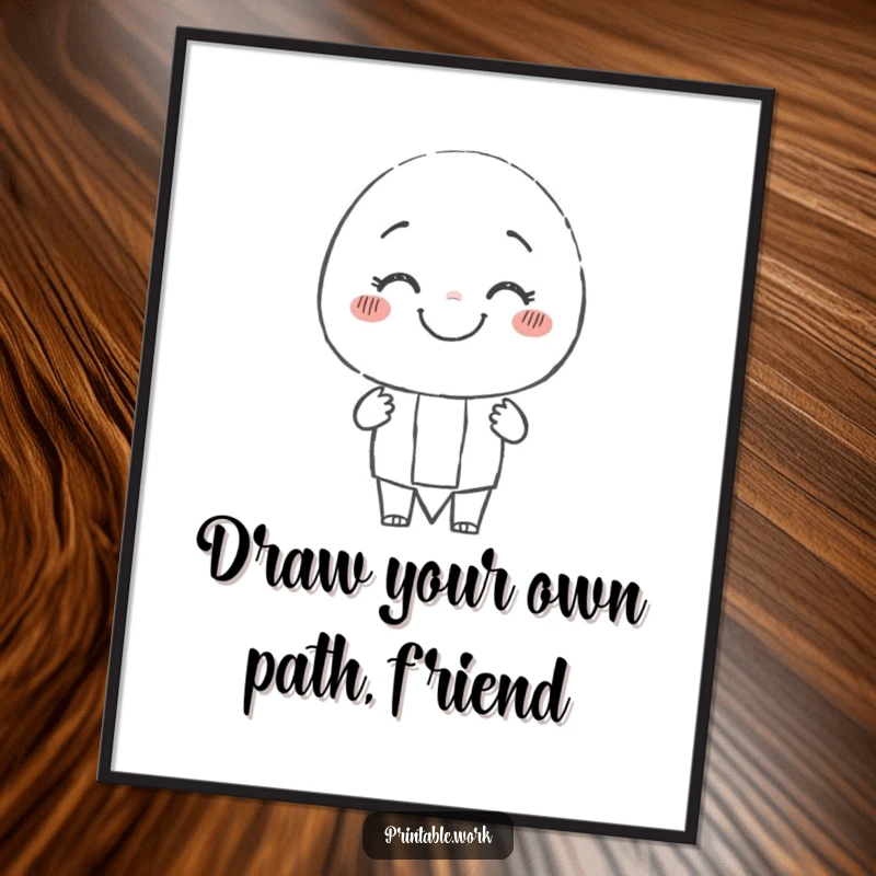 Funny Free Printable Wall Art depicting a smiling pencil character enthusiastically drawing a cheerful, imperfectly wobbly line, celebrating creativity.