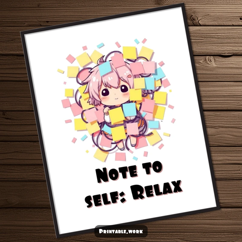 Funny Free Printable Wall Art: Character playfully lost amidst a colorful swirl of sticky notes, a unique downloadable decor piece.
