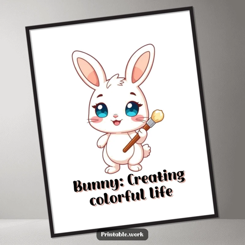 Funny Free Printable Wall Art: A cheerful bunny character with bright, wide eyes, holding a paintbrush, ready to create.