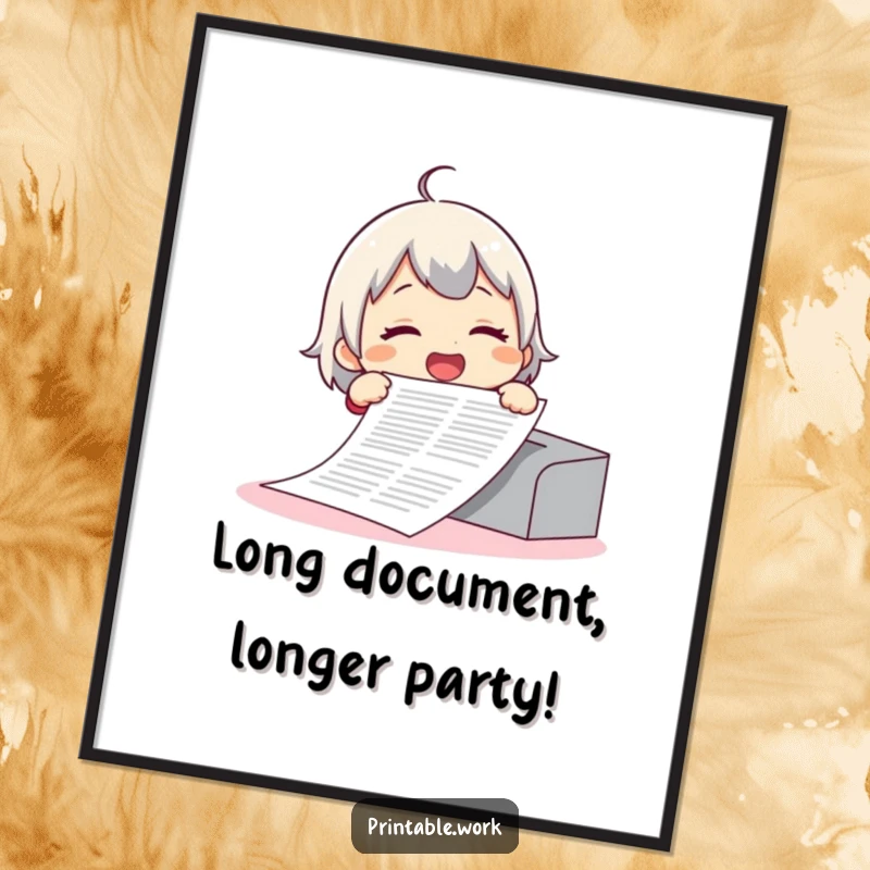 Funny Free Printable Wall Art depicting a giggling character looking shocked at a never-ending stack of printed paper.