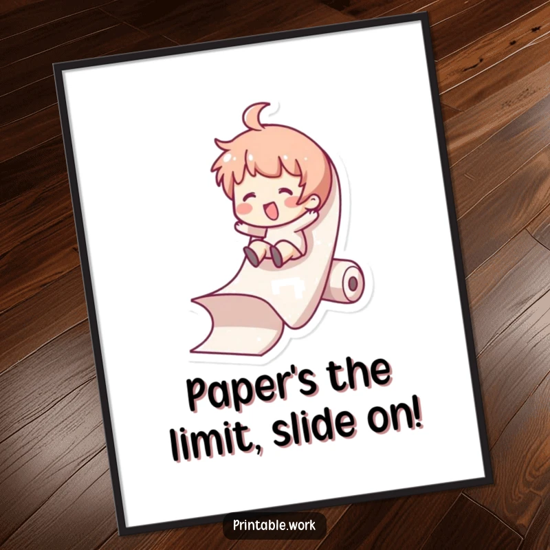 Funny free printable wall art depicting a character having a blast sliding down a giant roll of paper, perfect for a giggle.