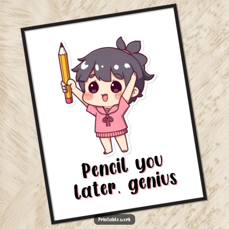 Funny free printable wall art of a character triumphantly holding a used pencil, a humorous piece of office decor.