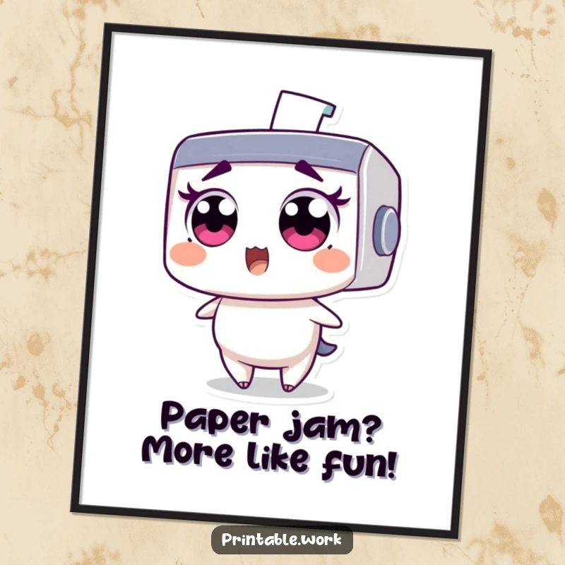 Funny free printable wall art of a wide-eyed printer character comically surprised by a flying staple, ideal for office decor.