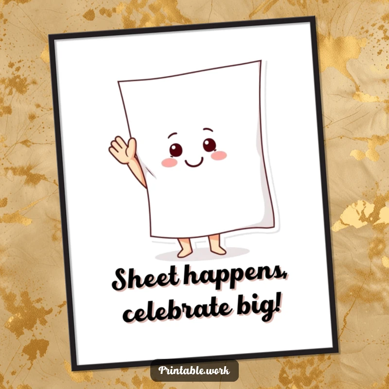 Funny Free Printable Wall Art: Smiling paper character waving a large sheet, exuding playful energy and cheerful vibes.