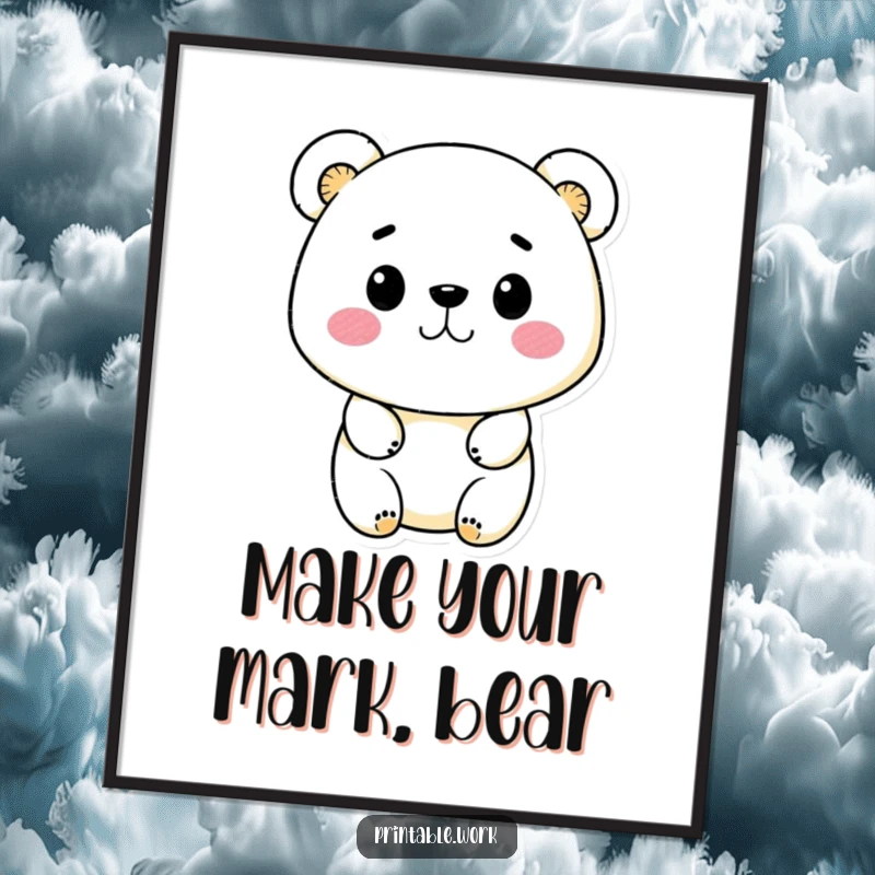 Funny Free Printable Wall Art: A playful kawaii bear happily uses ink stamps to create a vibrant, abstract design on a surface.