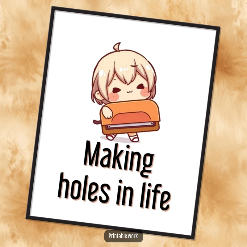 Funny Free Printable Wall Art: A person comically struggling to use a ridiculously large, oversized hole punch.