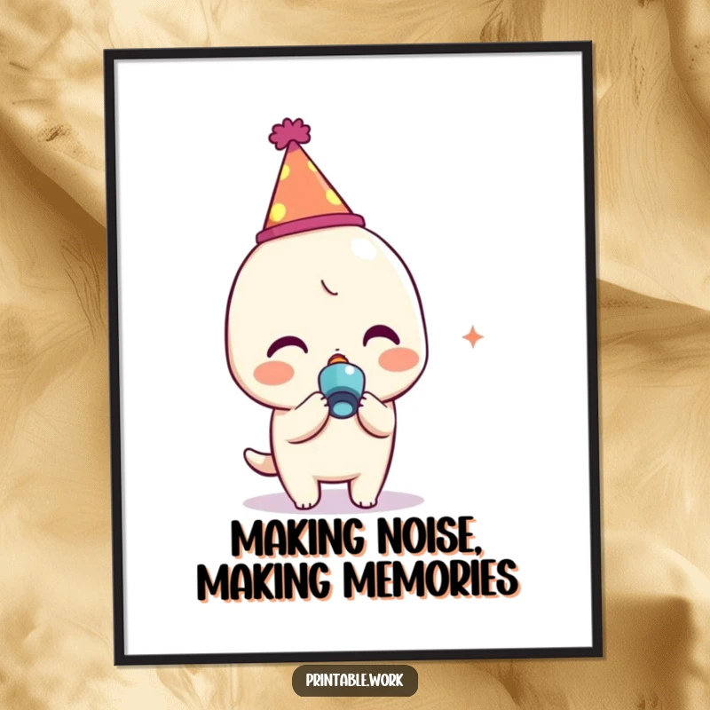 Funny Free Printable Wall Art: Kawaii character in a party hat, joyfully blowing a bright noisemaker, adding festive cheer to any wall.