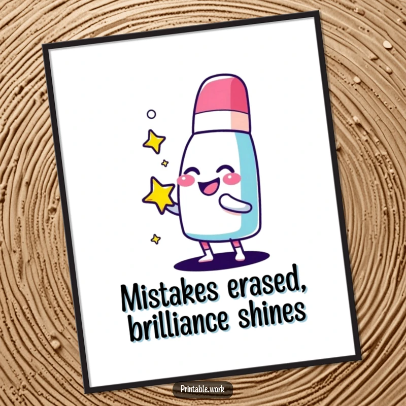 Funny Free Printable Wall Art featuring a giggling eraser character enthusiastically polishing a dazzling, sparkling star, adding a touch of magic.