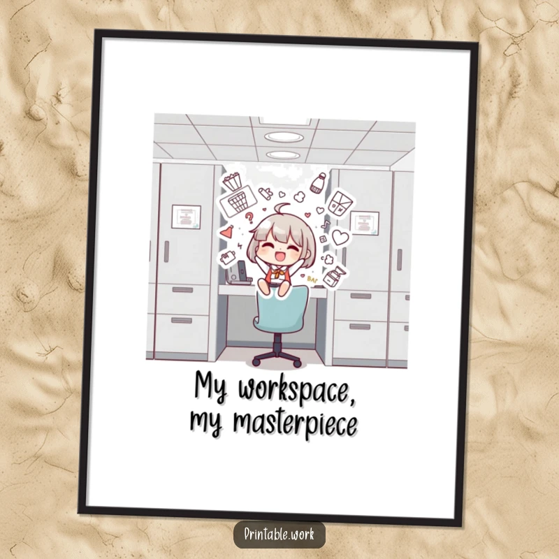 Funny free printable wall art of a character joyfully decorating a cubicle with silly drawings, a cheerful decor piece.
