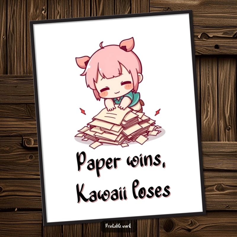Funny Free Printable Wall Art: A cute Kawaii character comically trips and falls over a tiny, scattered pile of papers, looking surprised.