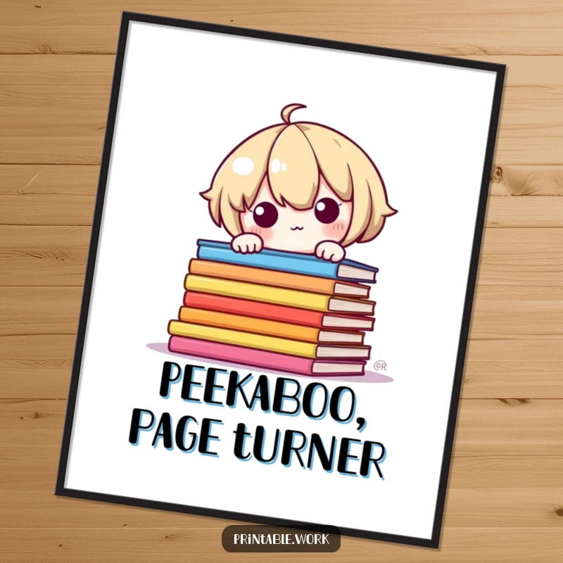 Funny Free Printable Wall Art: A shy Kawaii character peeks curiously from behind a stack of colorful, bright pages.