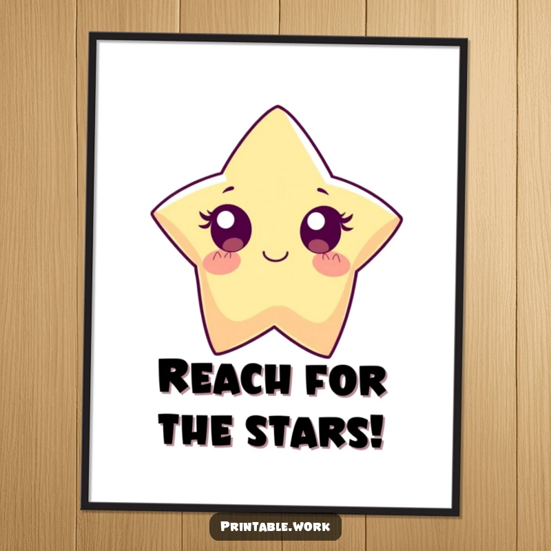 Funny free printable wall art of a paper star character with wide eyes, sparkling brightly with cheerful energy.