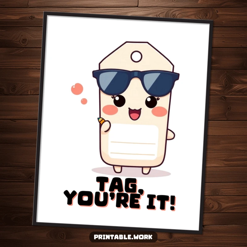 Funny free printable wall art featuring a paper tag character with a content sigh offering a tiny pencil for creative ideas.