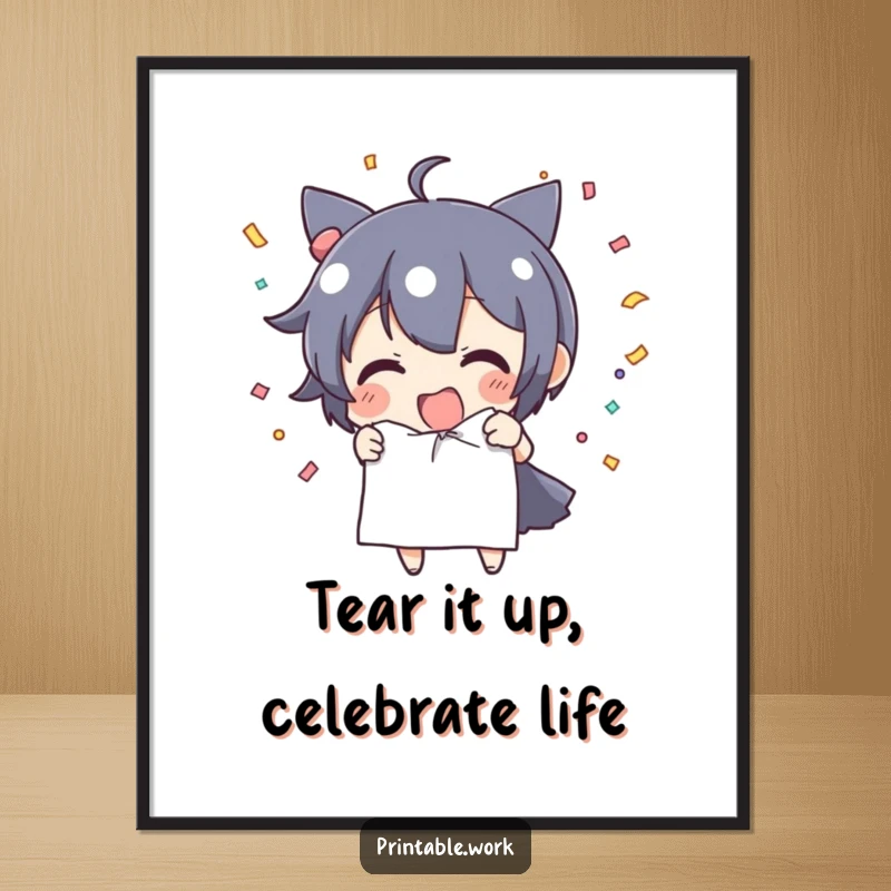 Funny free printable wall art of a character excitedly tearing paper, creating a vibrant explosion of colorful confetti.