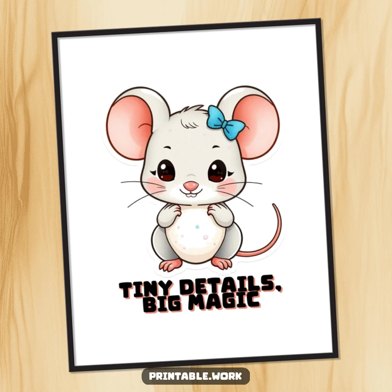 Funny Free Printable Wall Art: A kawaii mouse meticulously arranges small, shimmering glittery embellishments, creating a dazzling, intricate design.